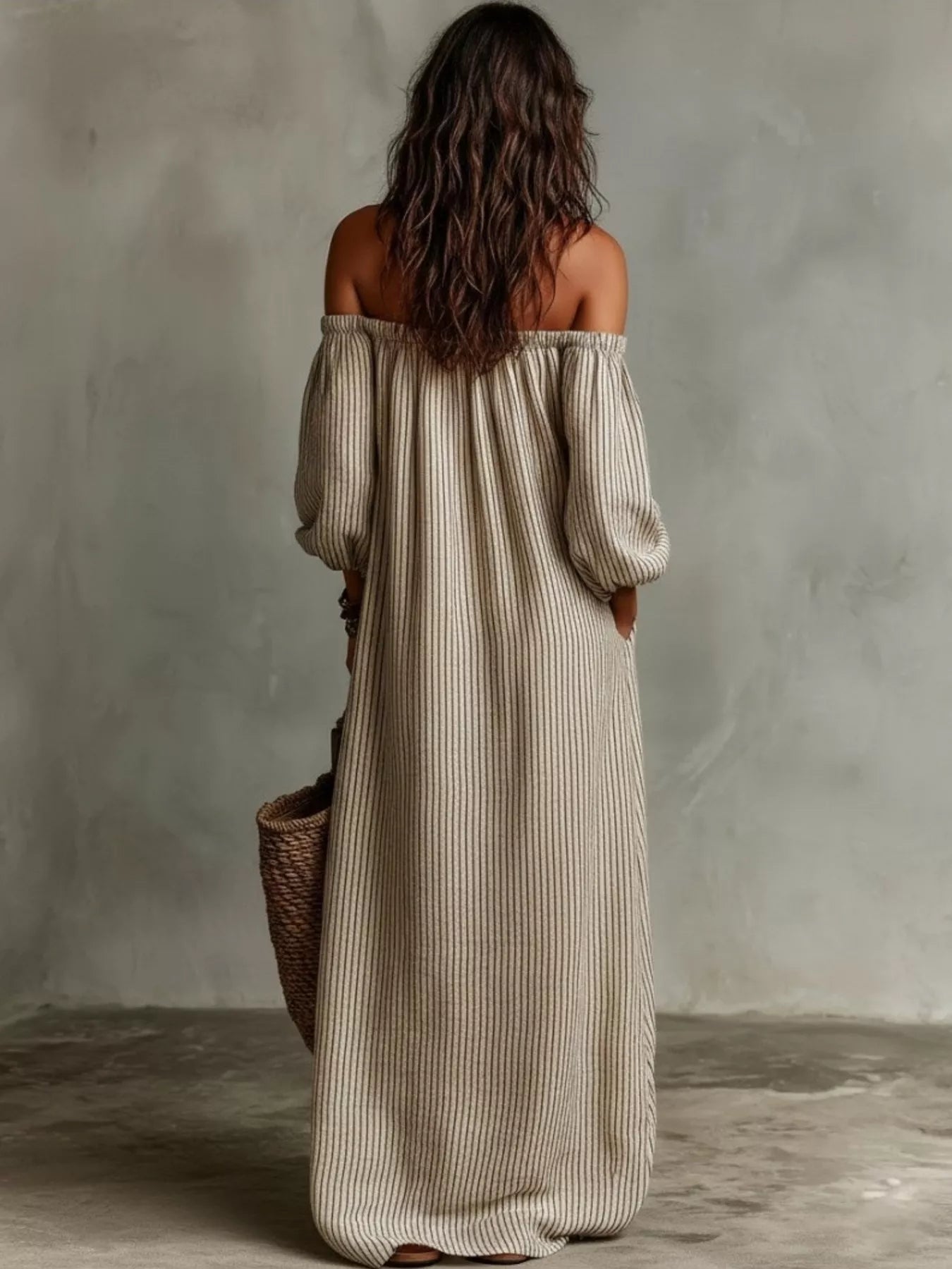 Trendsi Full Size Off-Shoulder Striped Maxi Dress with Puff Sleeves Plus Size -