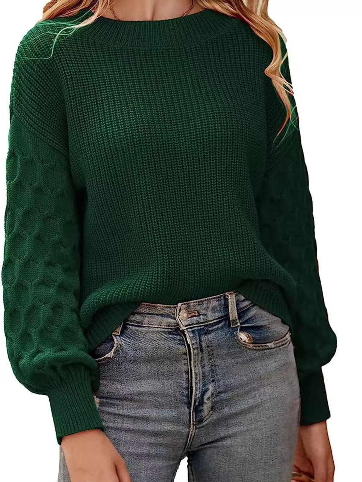 Textured Sleeve Round Neck Sweater in green, front view