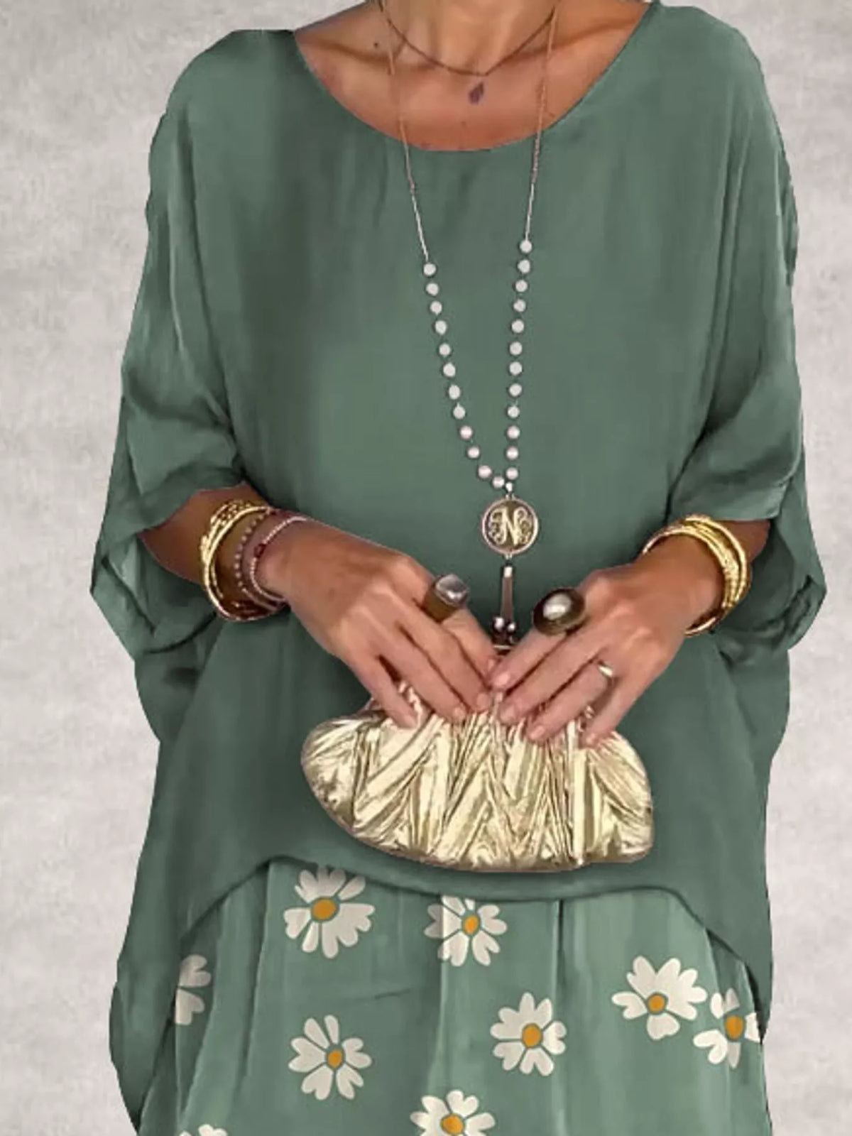 Layered maxi dress, green daisy neckline
