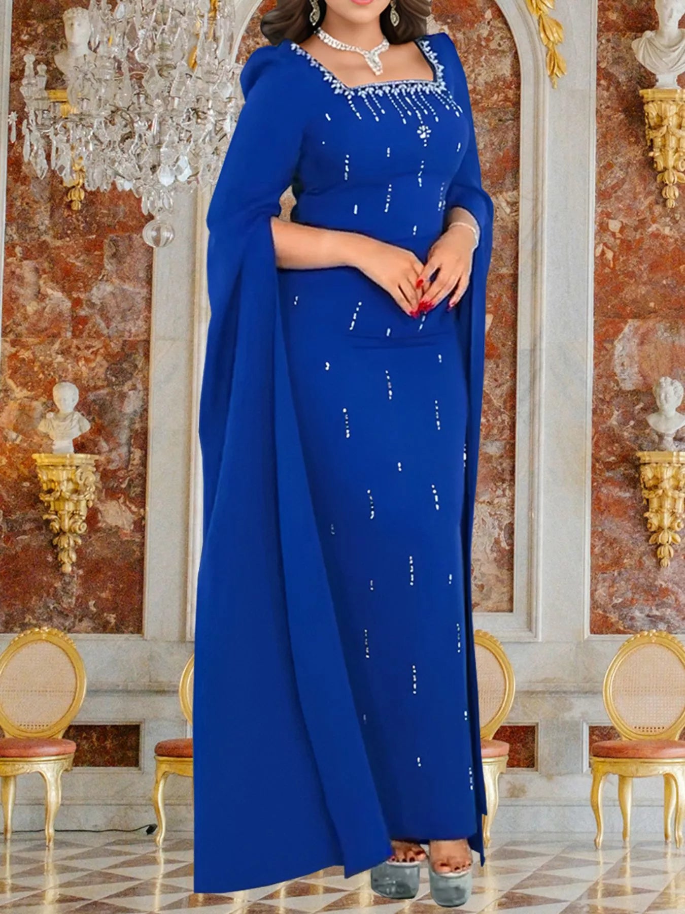 Trendsi Rhinestone Square Neck Slit Sleeve Maxi Dress -