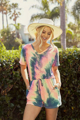 Trendsi BiBi Tie Dye French Terry V-Neck Romper with A Hole and Side Pocket and A Drawstring -