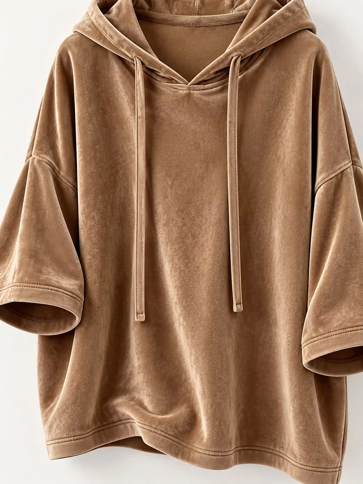 Brown velvet half sleeve hoodie with drawstring, hood, drawstrings, sleeve hem, and lower hem