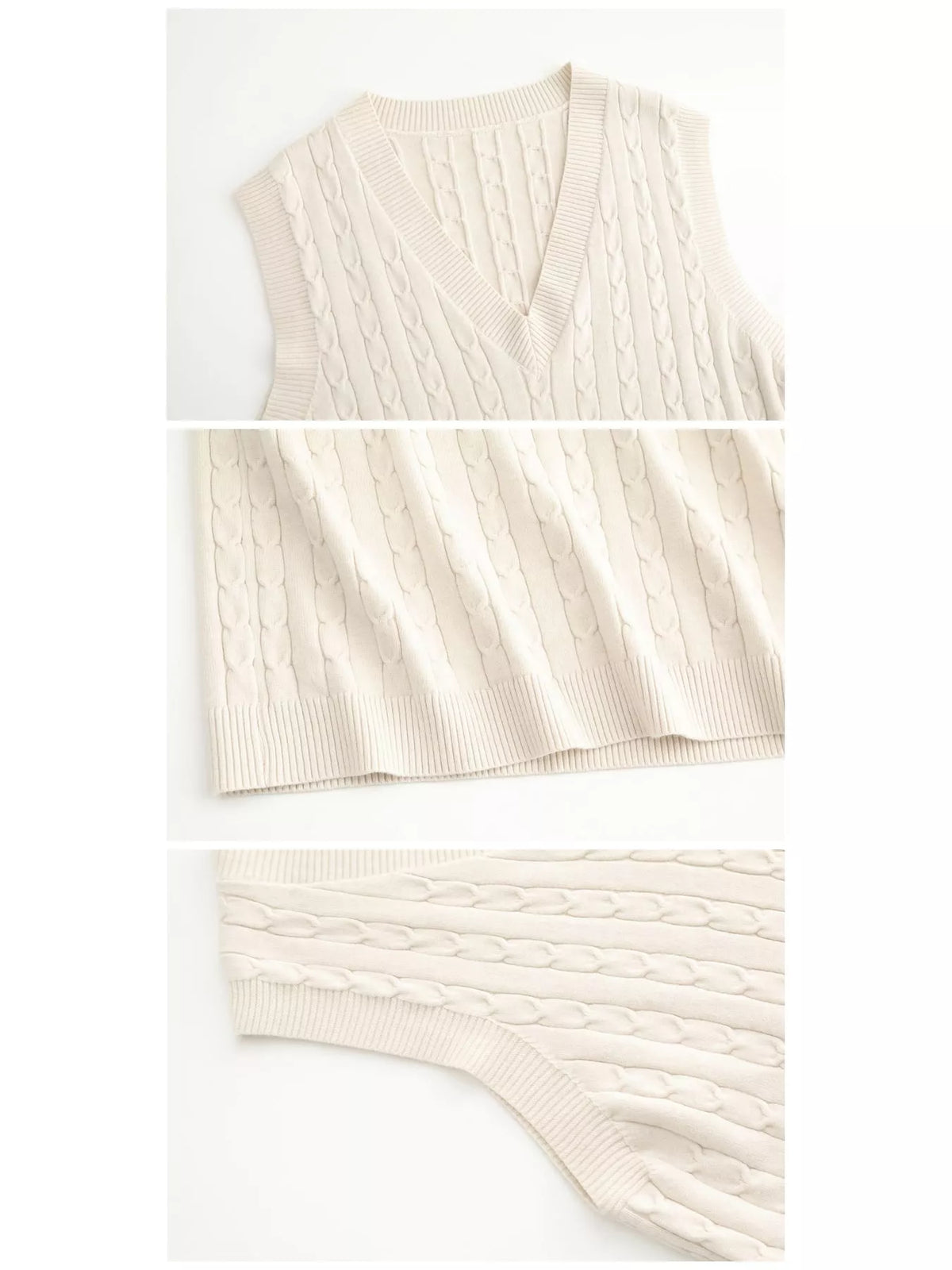 Cable-knit sweater vest, cream detail collage