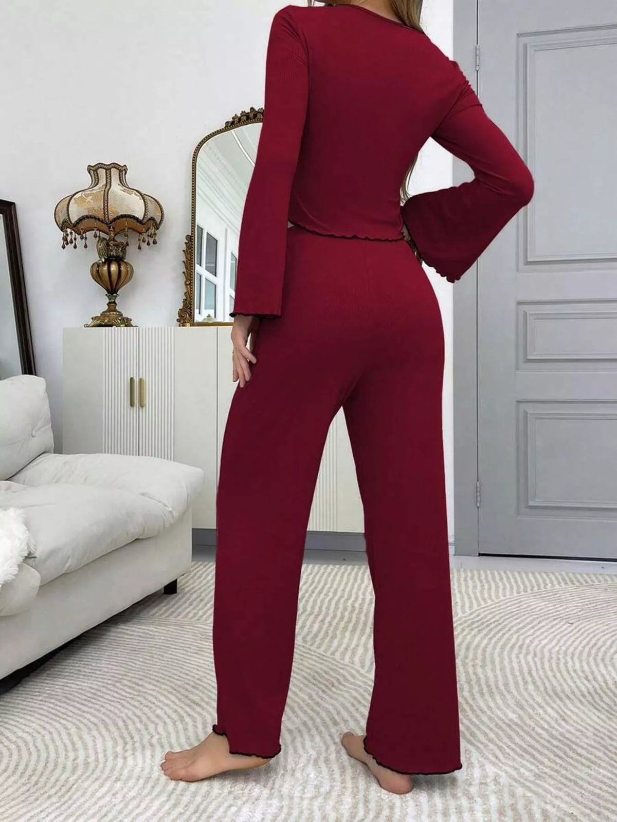 Red Lace-Trim Flare-Sleeve Top & Pants Lounge Set back view