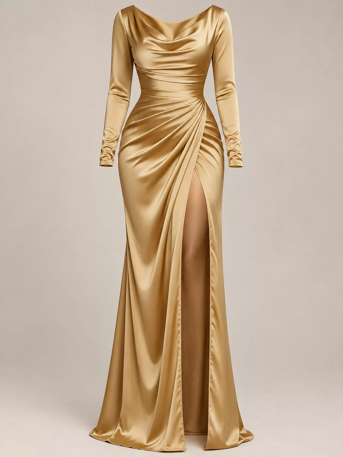 Gold satin cowl neck high-slit maxi dress, front product view