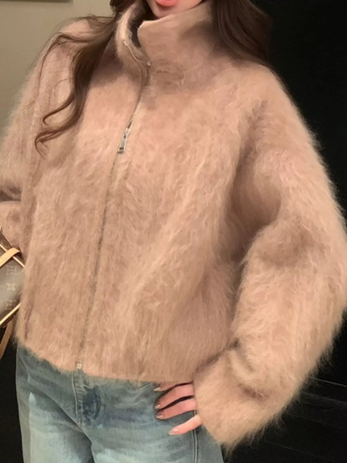 Fuzzy Zip-Up Stand Collar Jacket in camel