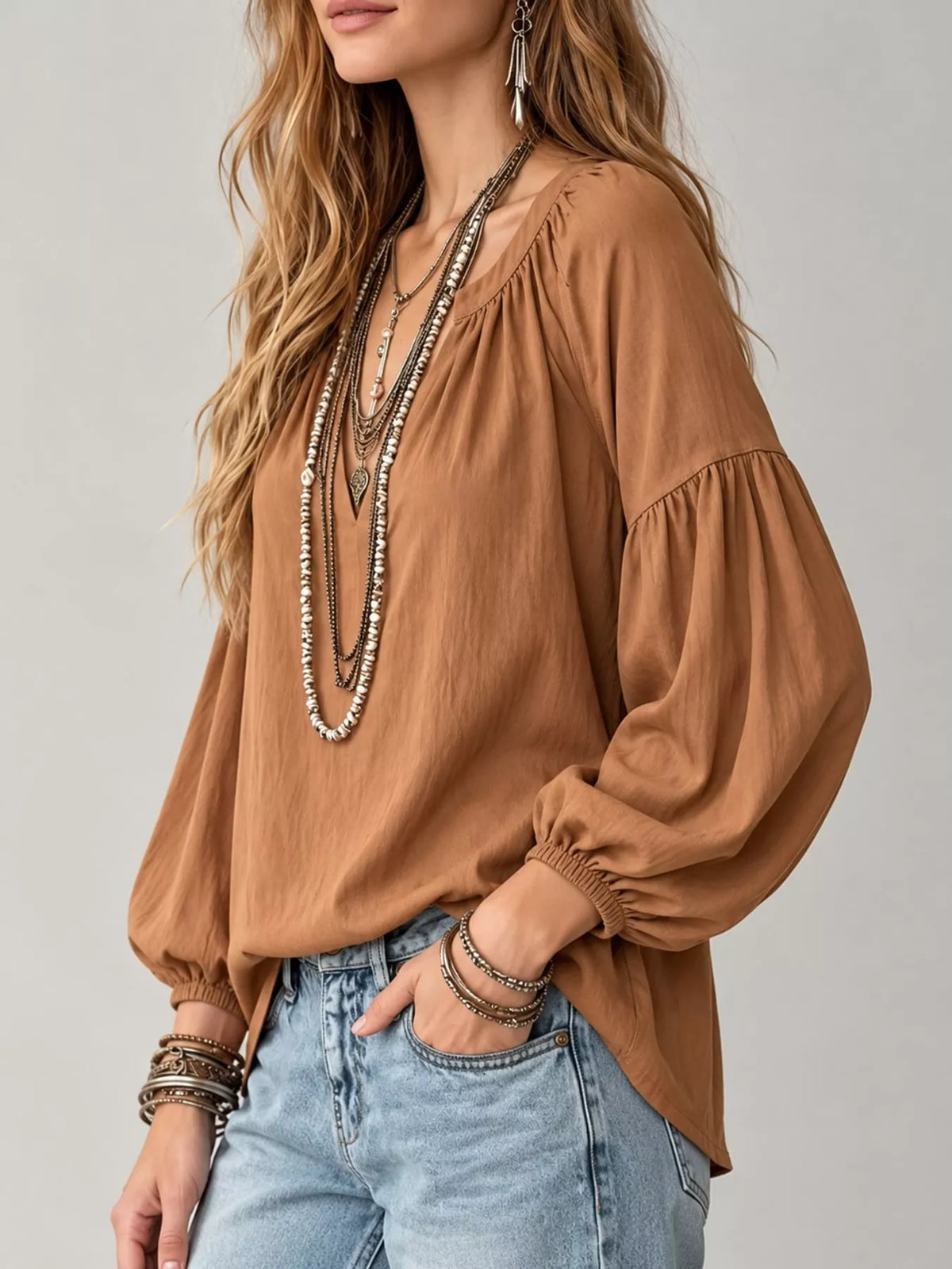Notched Balloon Sleeve Blouse in brown, side view