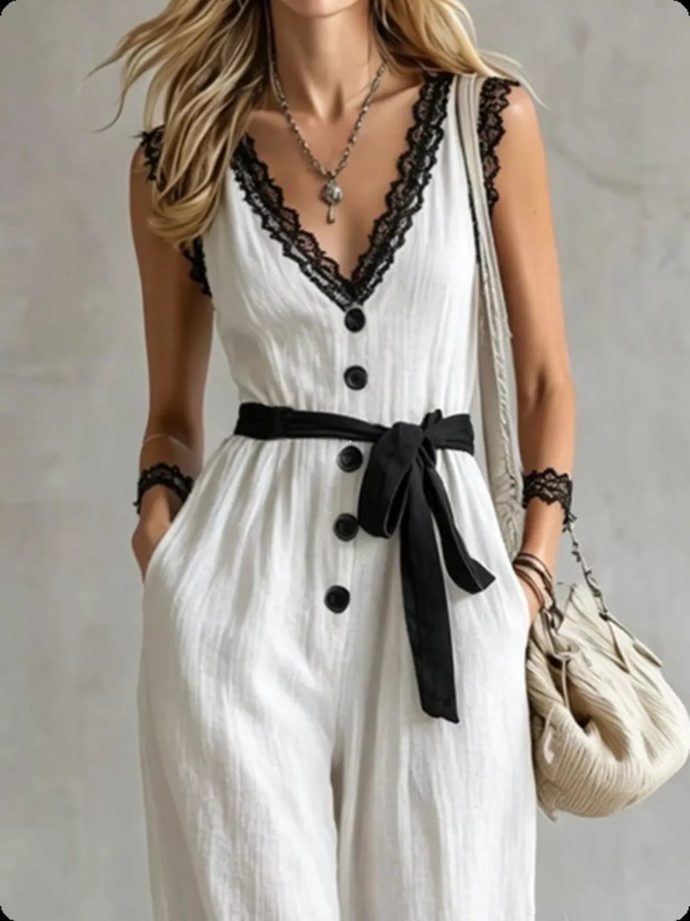 Trendsi Lace Trim Sleeveless Wide Leg Jumpsuit -