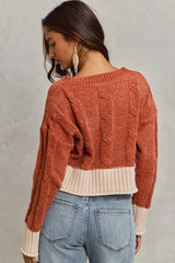 Trendsi SO ME Chenille Cable Knit V Neck Contrast Cropped Sweater -