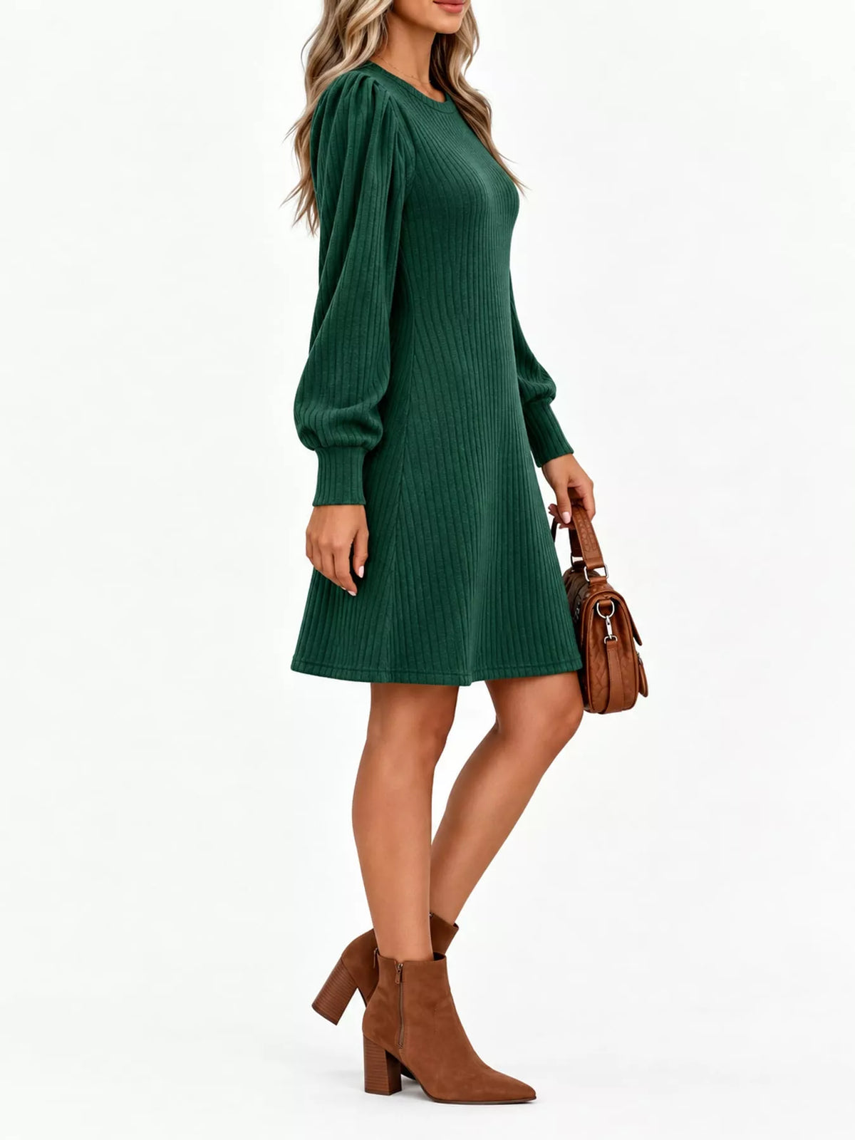Ribbed puff-sleeve dress, green side