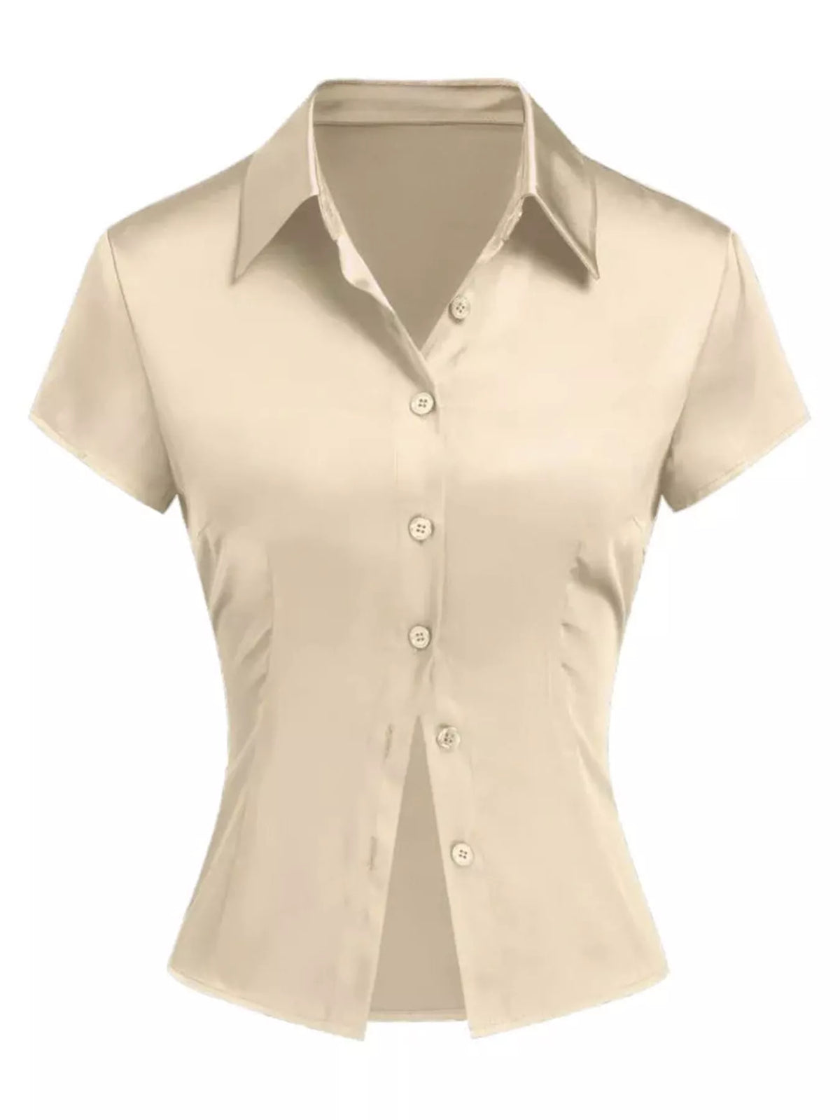 Satin Short Sleeve Button-Down Shirt in beige