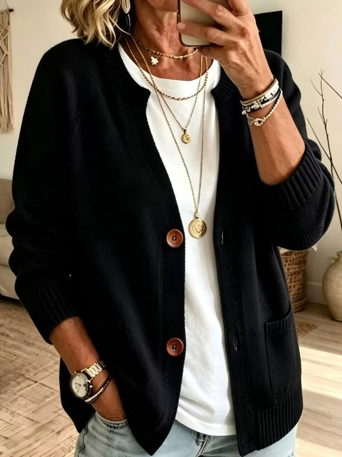 Women's Button-Down Knit Cardigan in black — front view