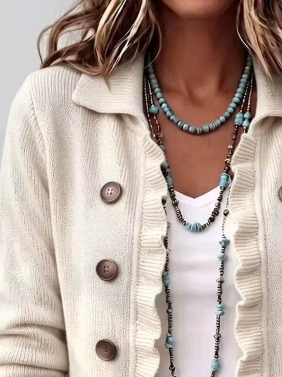 Ruffle-trim button-front cardigan