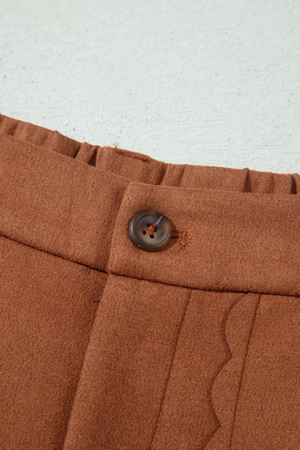 Brown scalloped-pocket wide-leg pants, button detail