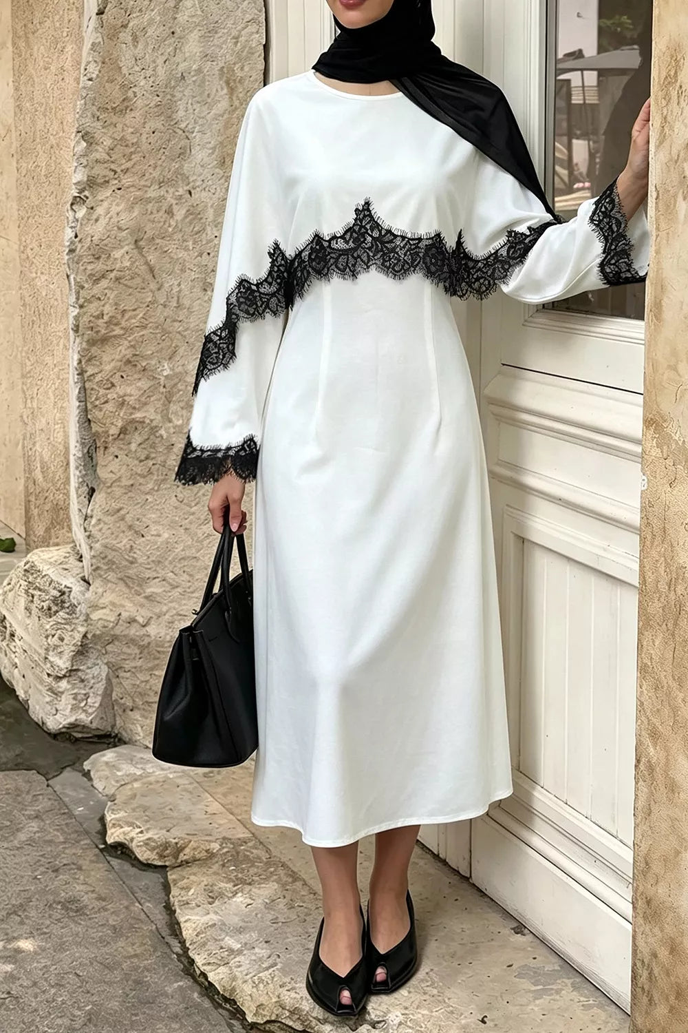 Lace trim round neck midi dress