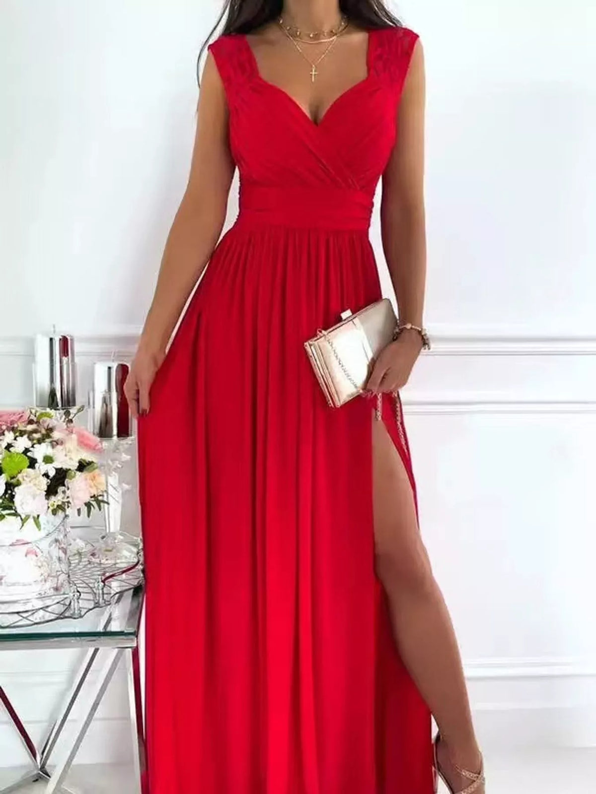 Slit Lace Sleeveless Maxi Dress — front view
