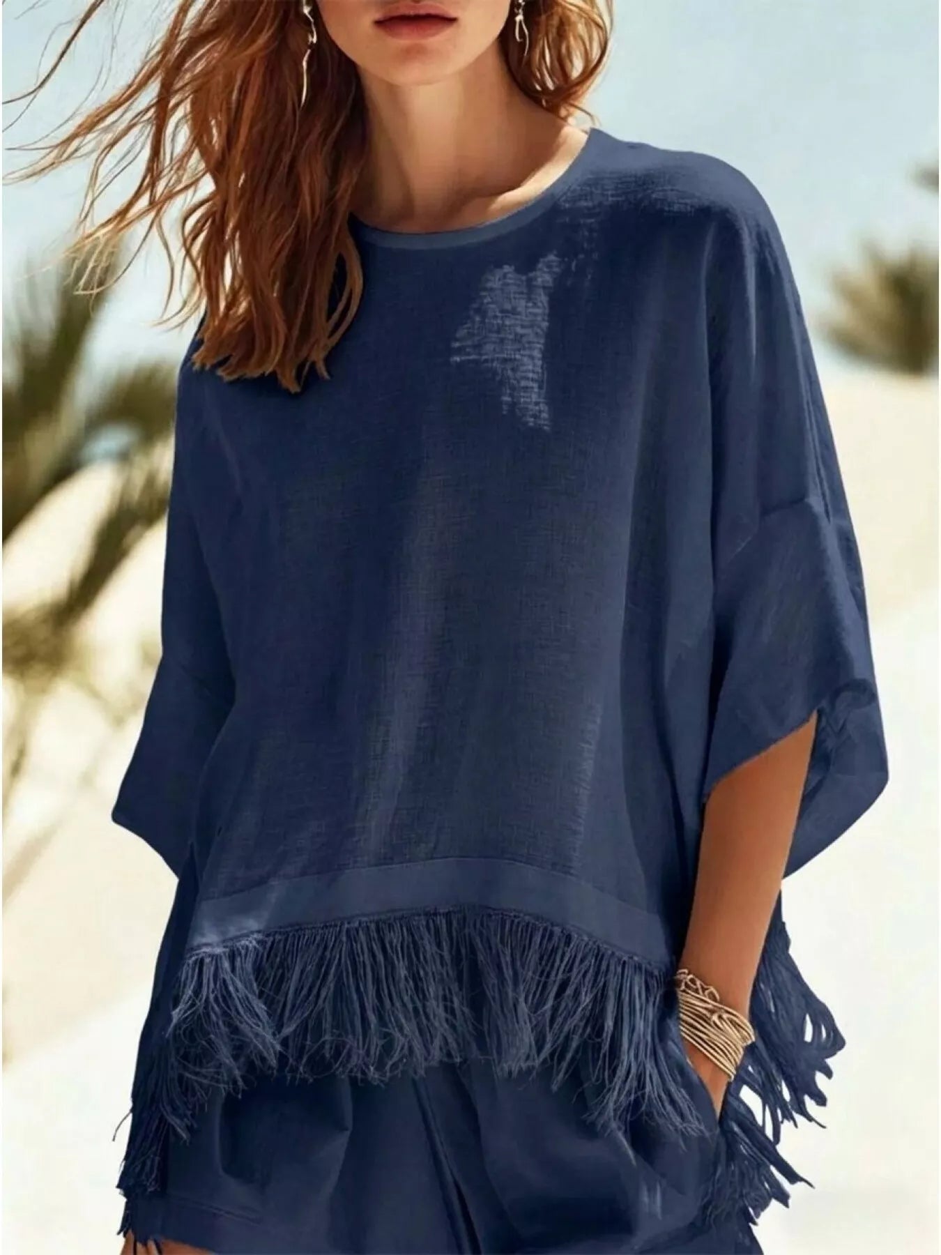 Trendsi Fringed 3/4 Sleeve Blouse -
