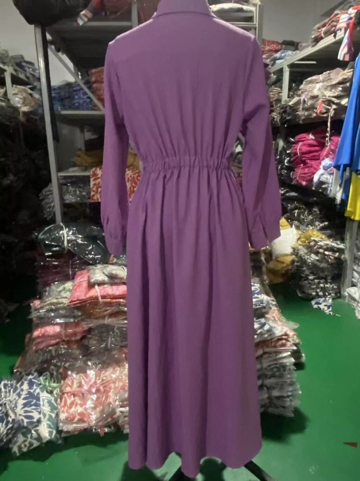 Lilac button-down textured maxi shirt dress, back view
