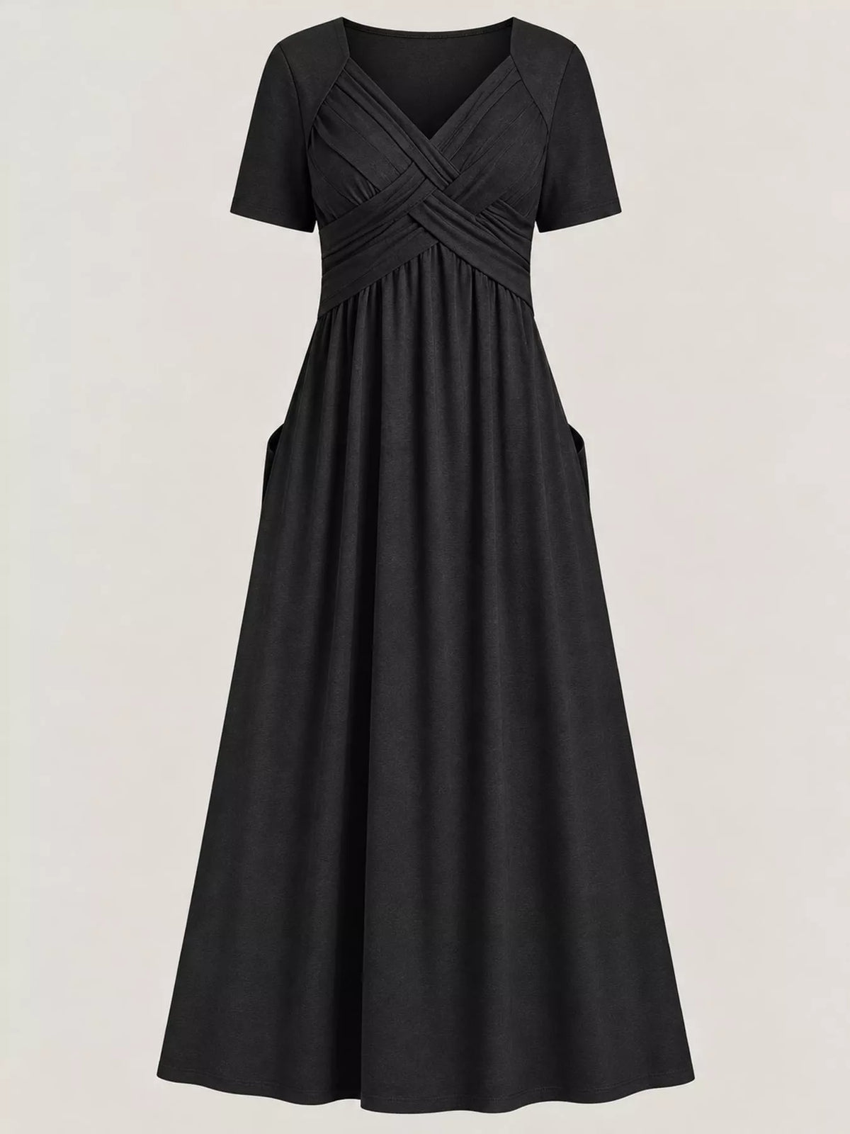 Black crisscross short sleeve midi dress, front view