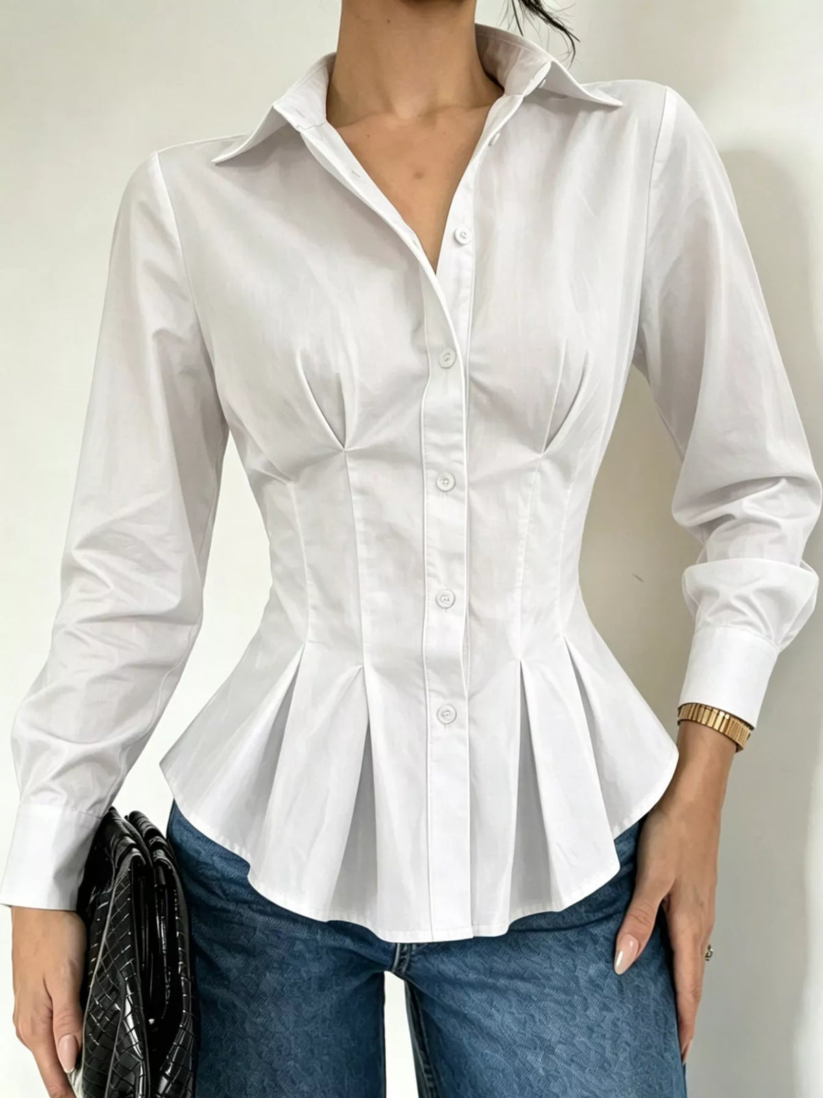 Button-Down Peplum Blouse with Fitted Waist, front view
