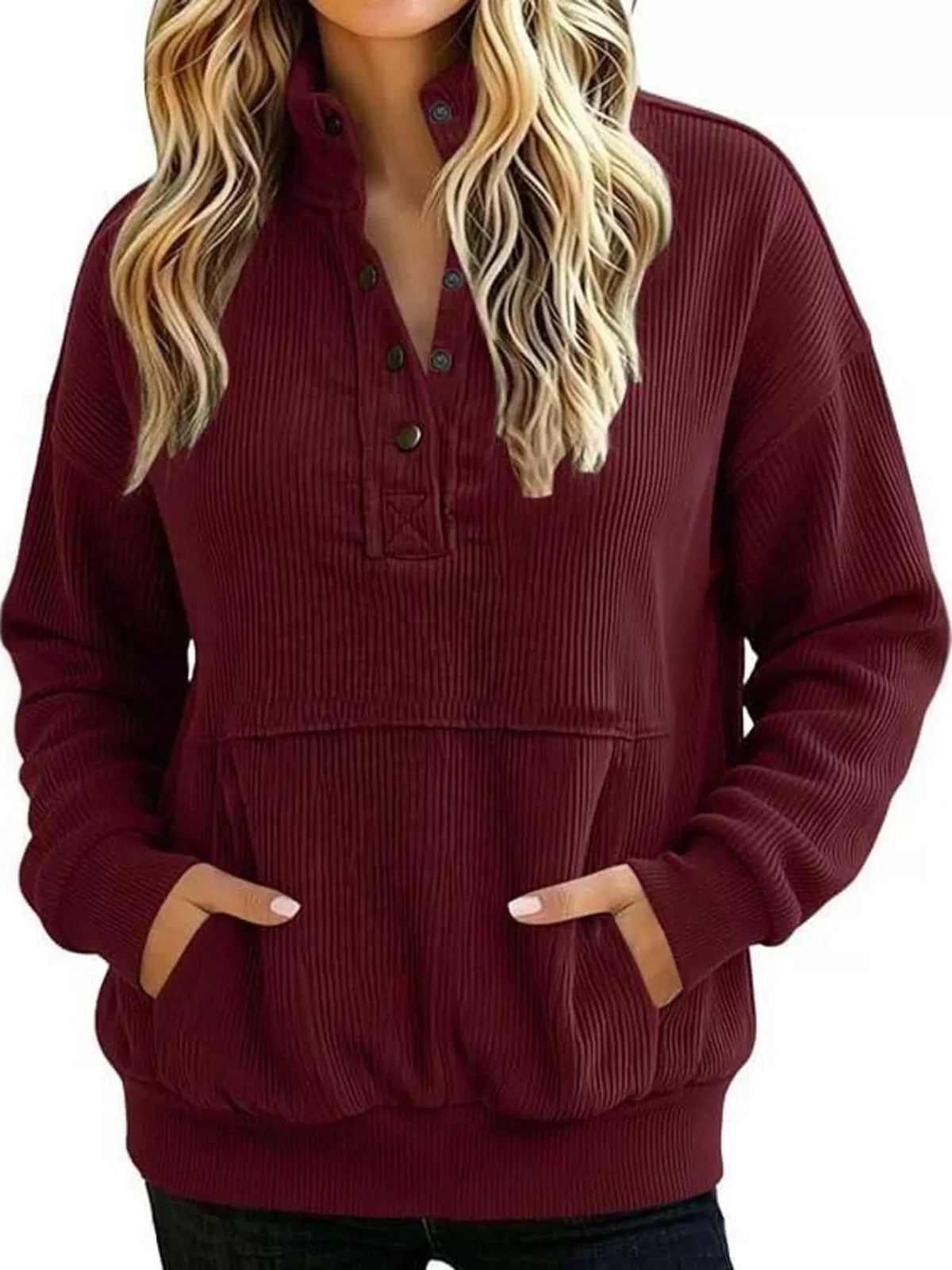 Quarter-snap sweatshirt, burgundy front
