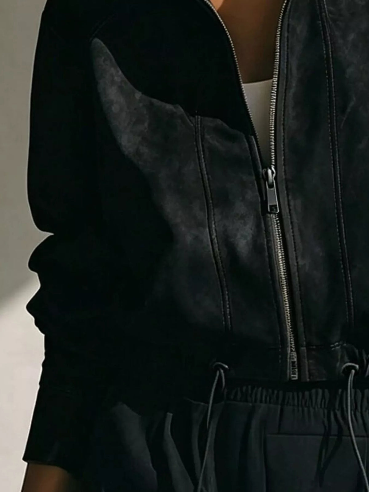 Faux Suede Zip-Up Stand Collar Cropped Jacket, hem detail