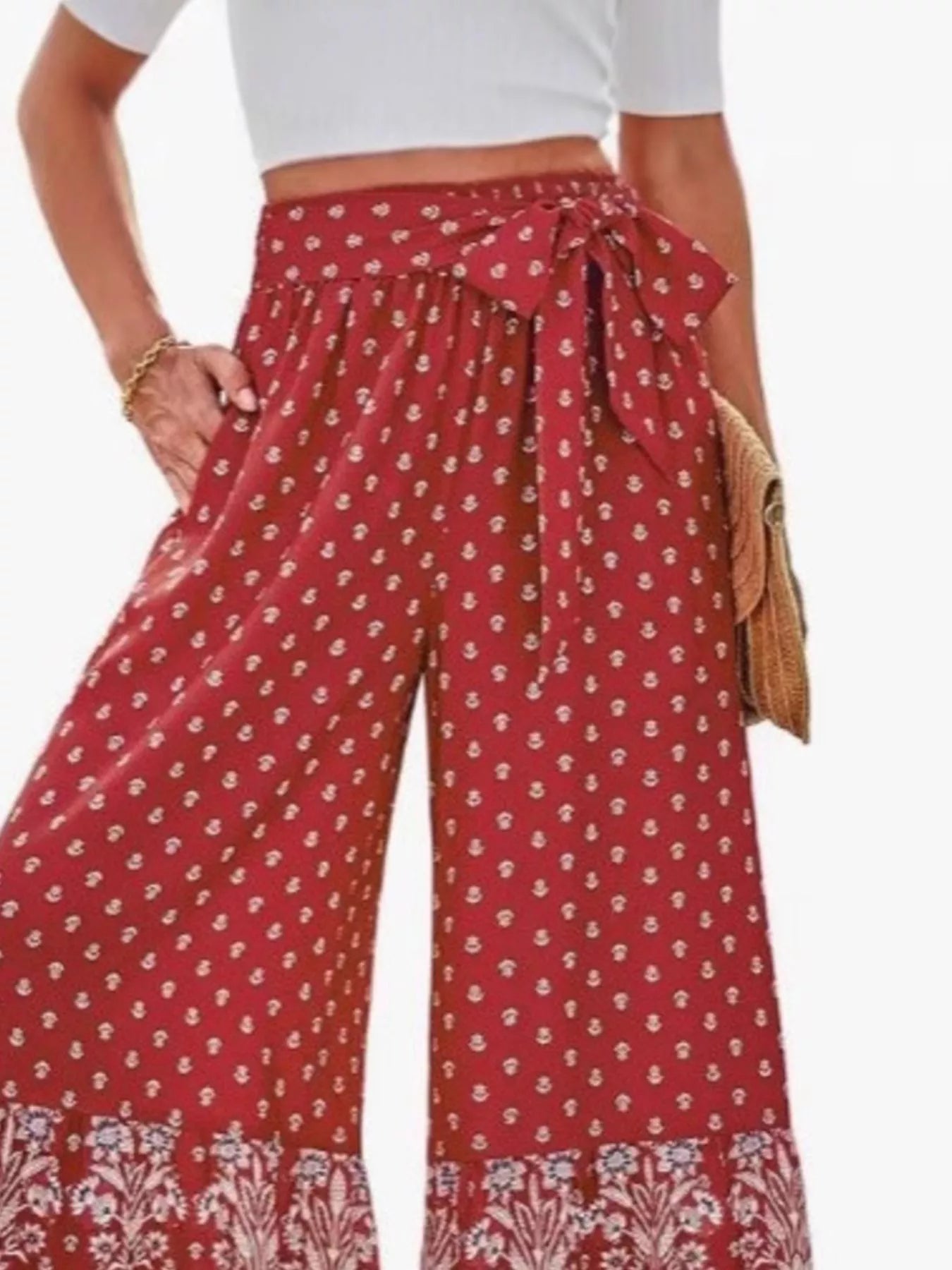Trendsi Full Size Tie Waist Wide-Leg Printed Pants Plus Size -