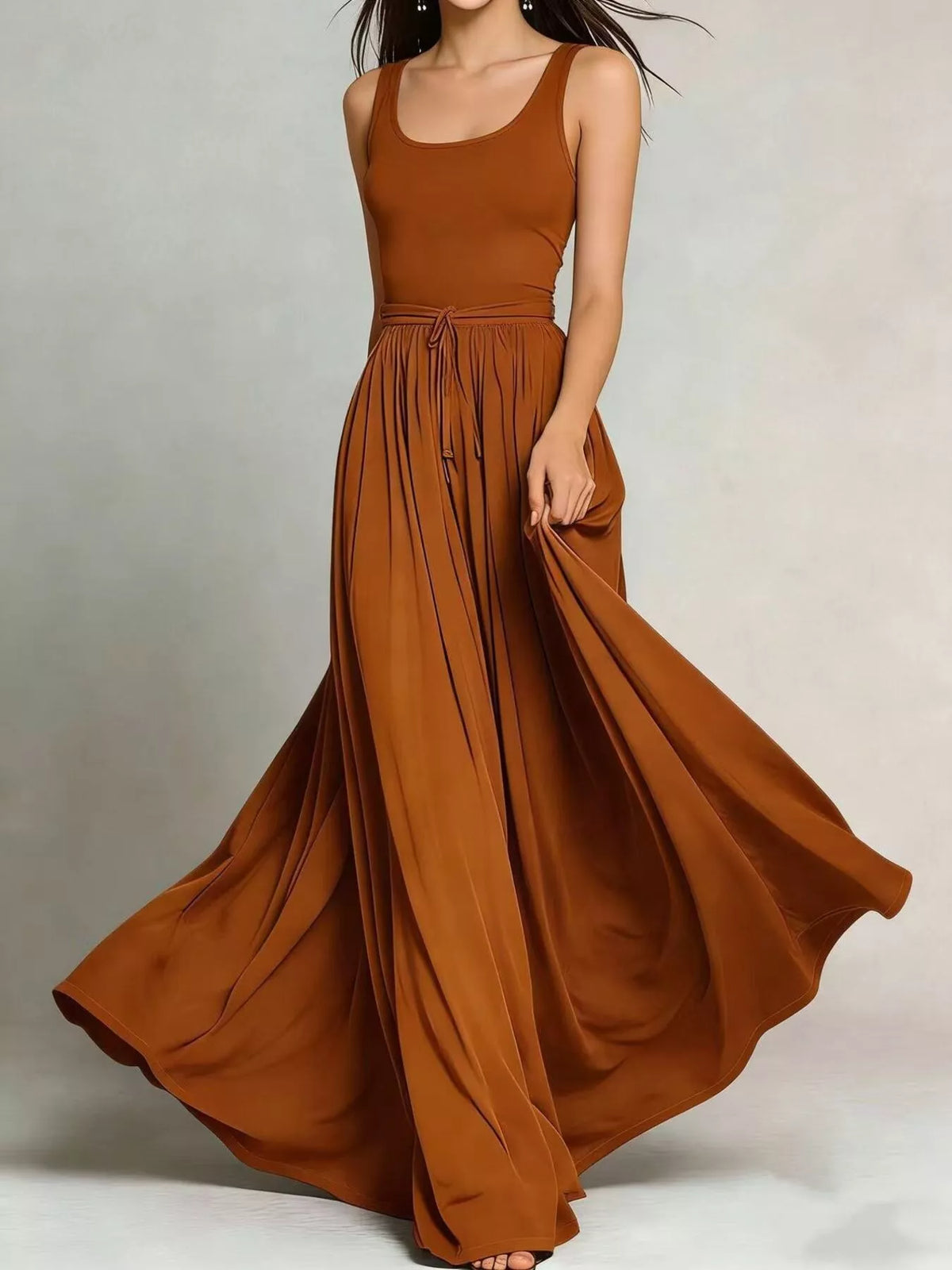 Brown solid color maxi dress