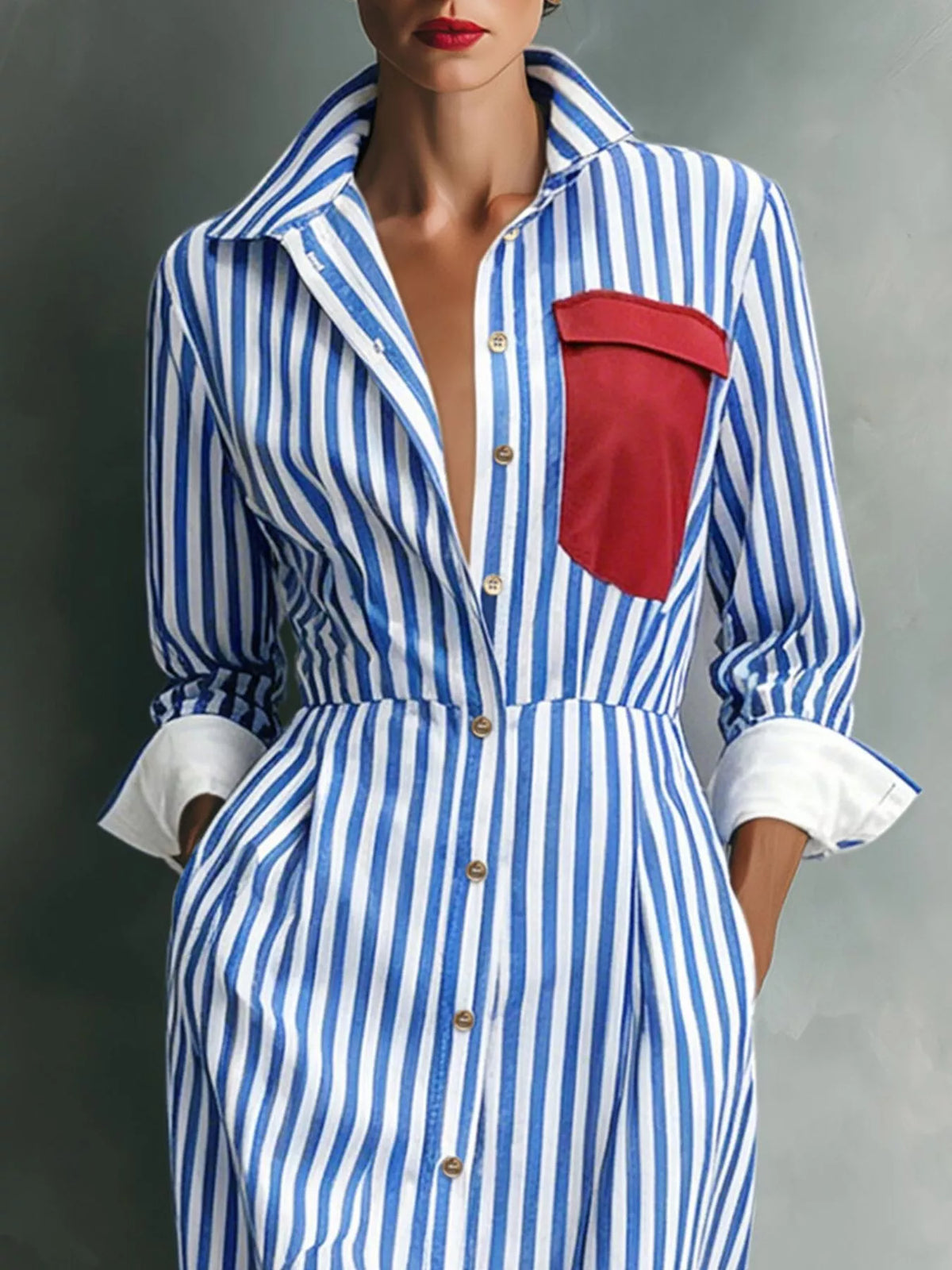 Blue and white striped shirt dress with contrast pocket, detail view