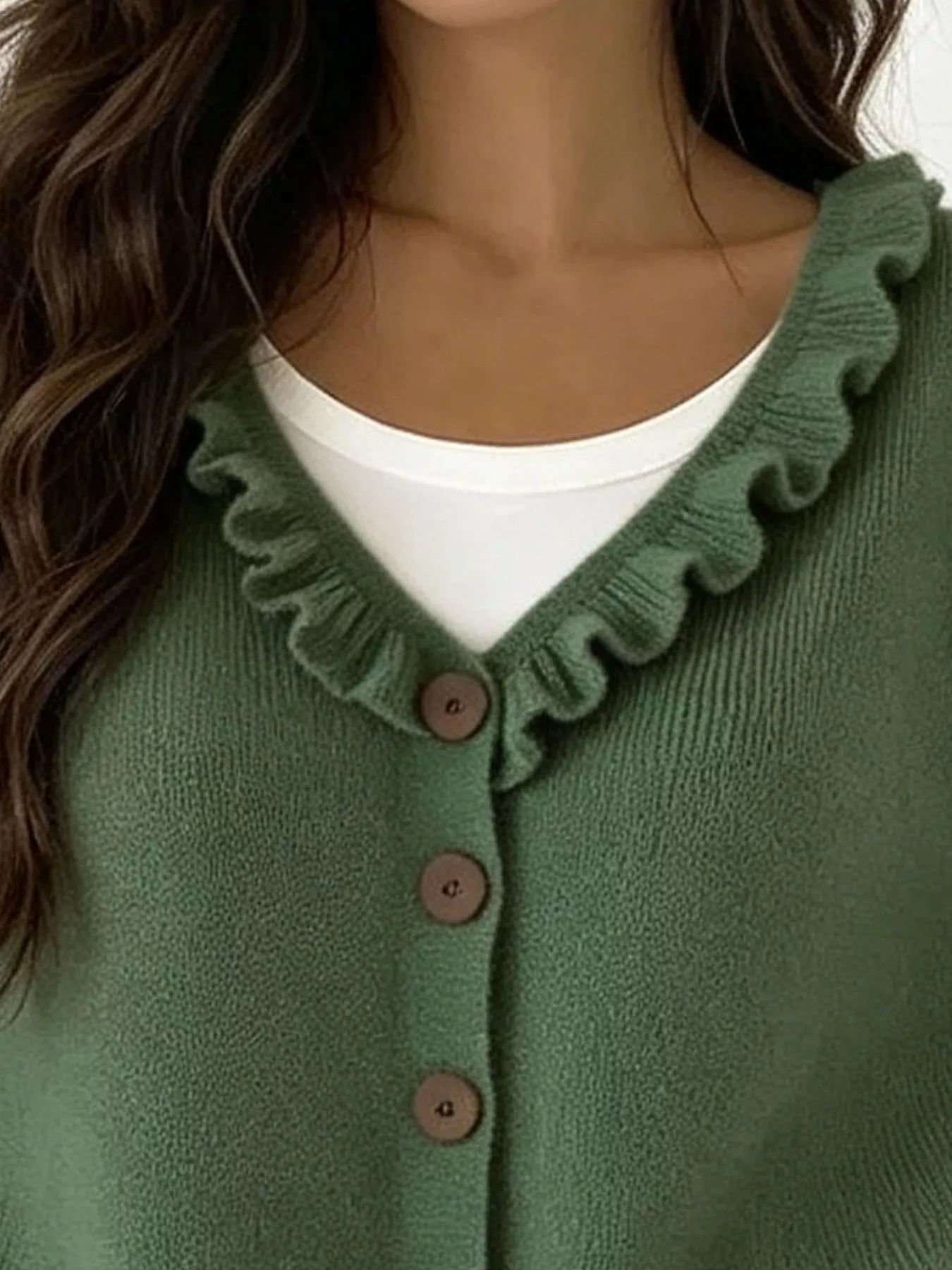 Trendsi Ruffled Neckline Button-Up Cardigan -