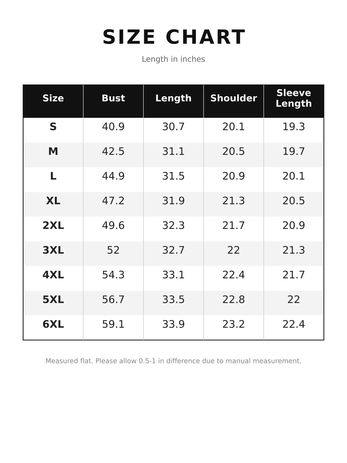 Size and measurement chart for long-sleeve coat