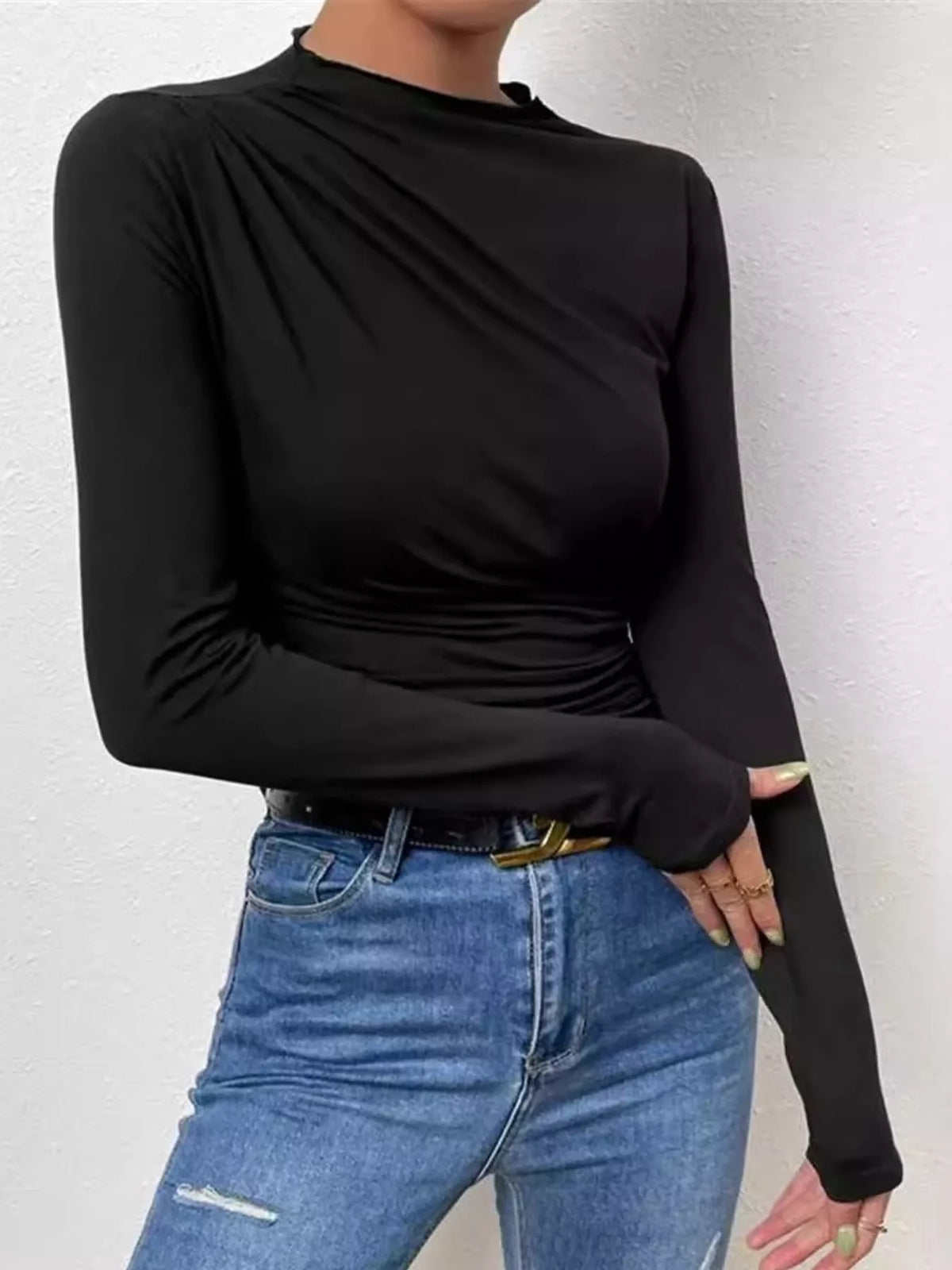 Ruched Boat Neck T-Shirt in black, front view