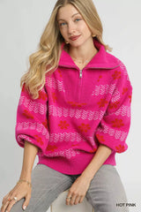 Trendsi Umgee Floral Patterned Jacquard Quarter-Zip Pullover Sweater -