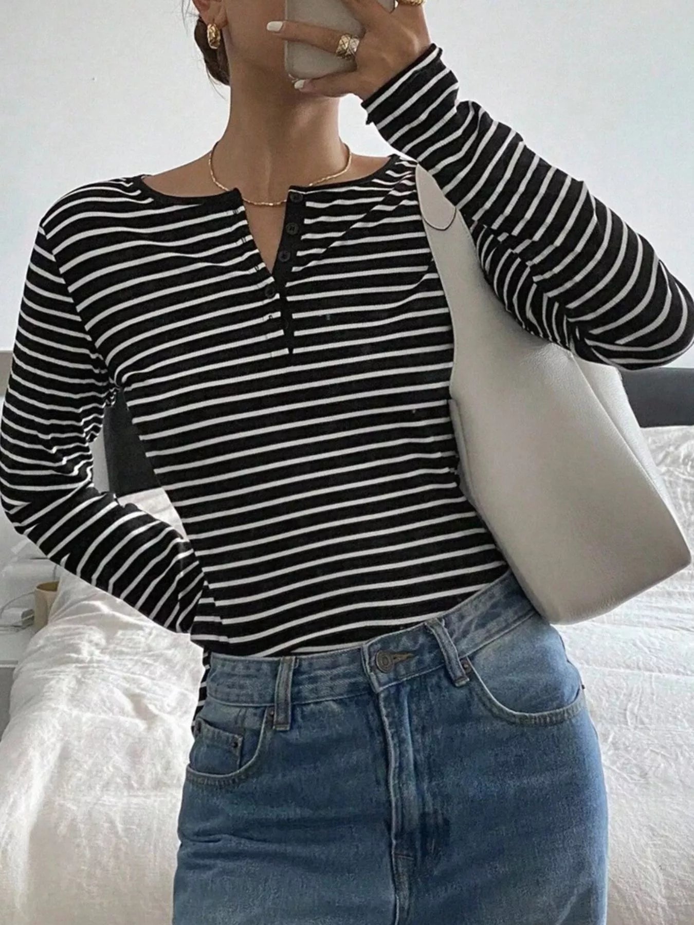 Trendsi Long Sleeve Striped Henley T-Shirt -