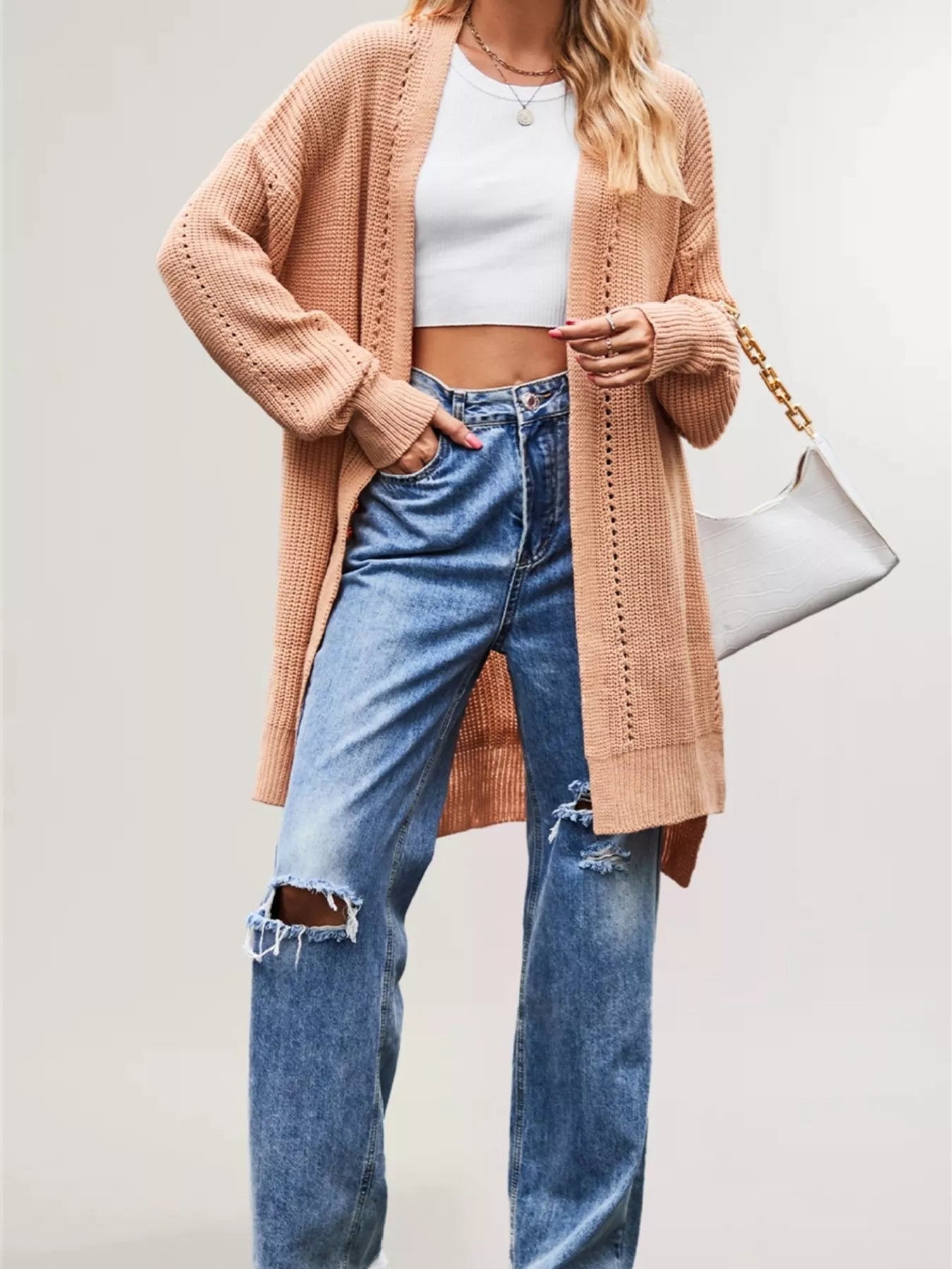 Trendsi Open Front Openwork Knit Longline Cardigan -