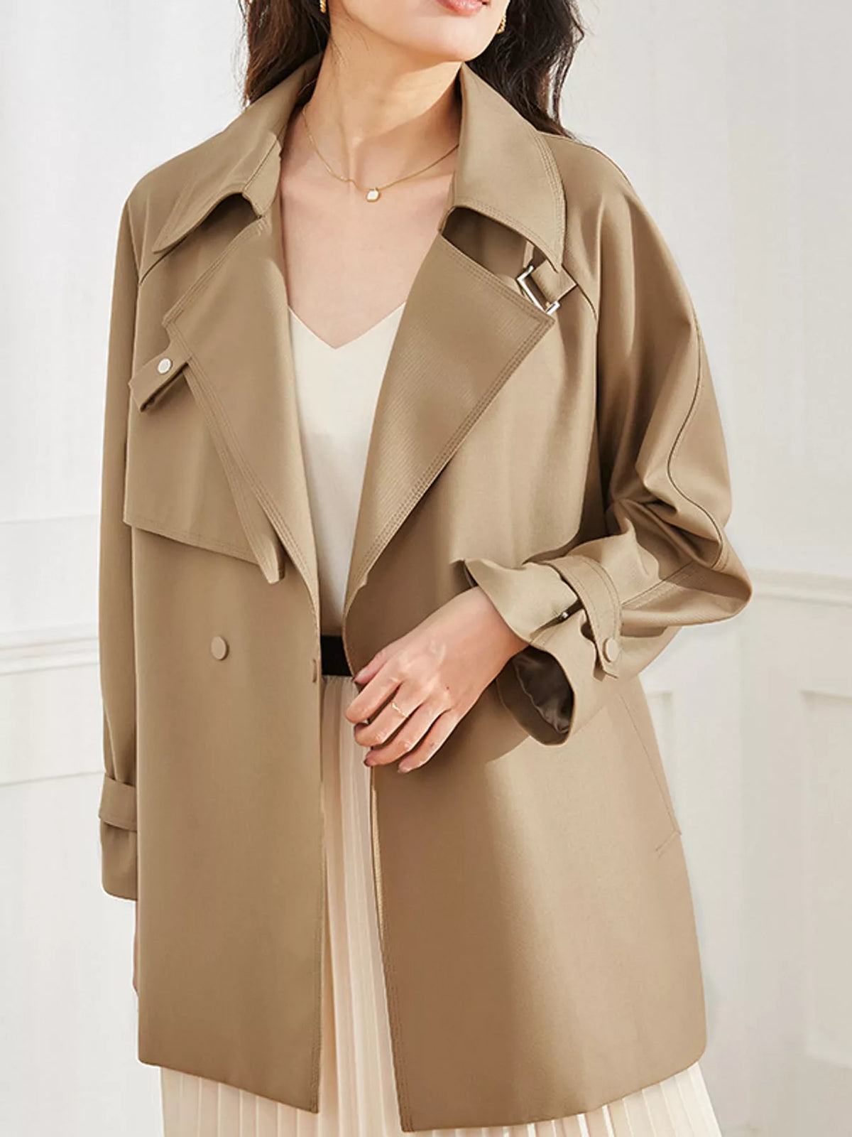 Double-Breasted Tie Waist Trench Coat in beige