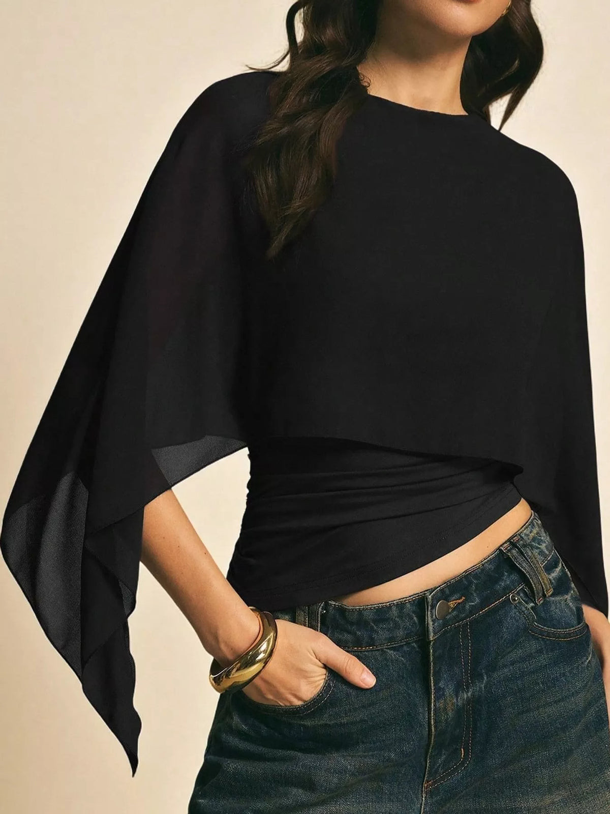 Black cape sleeve round neck blouse