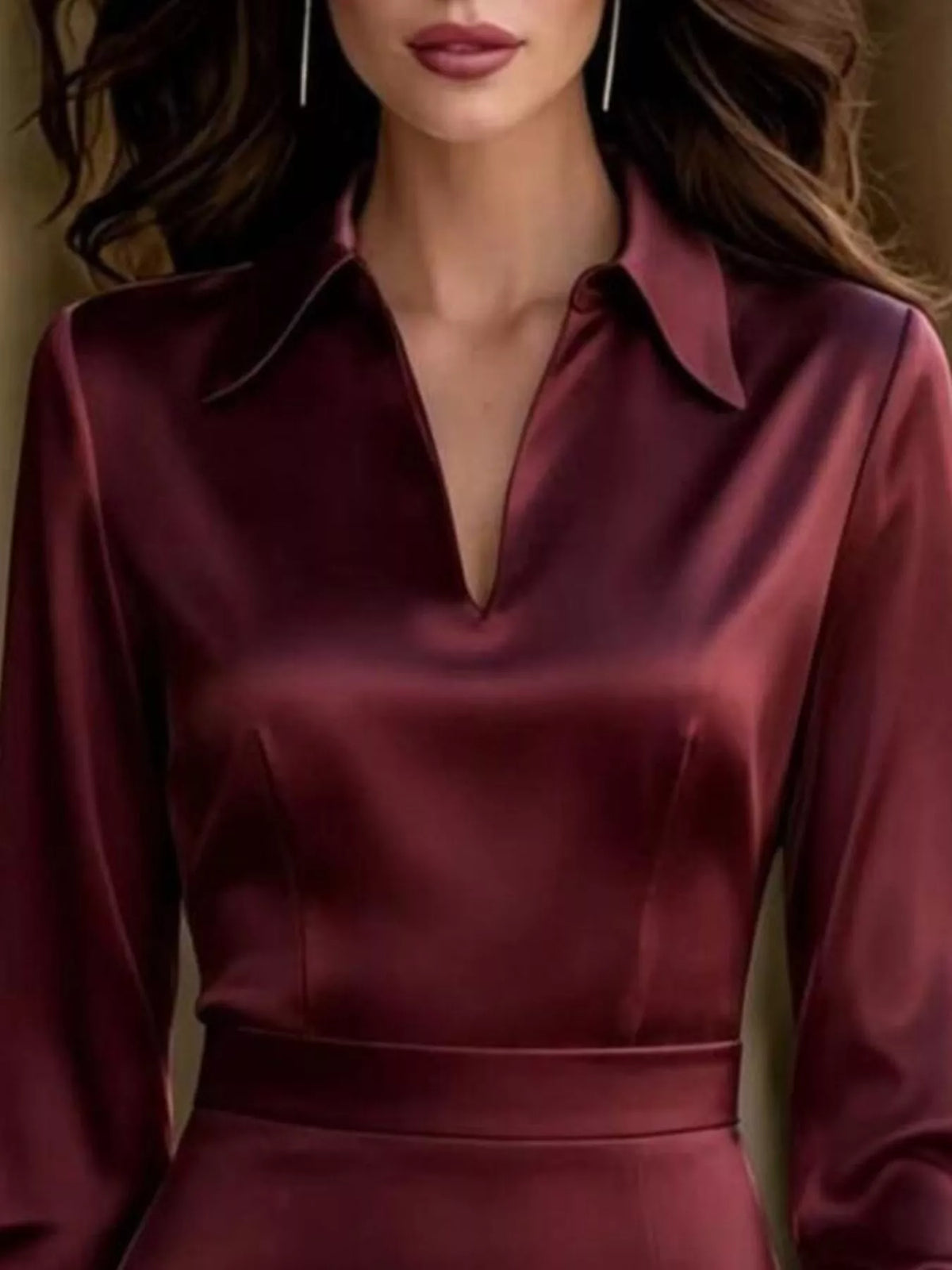 Burgundy satin lantern sleeve midi dress