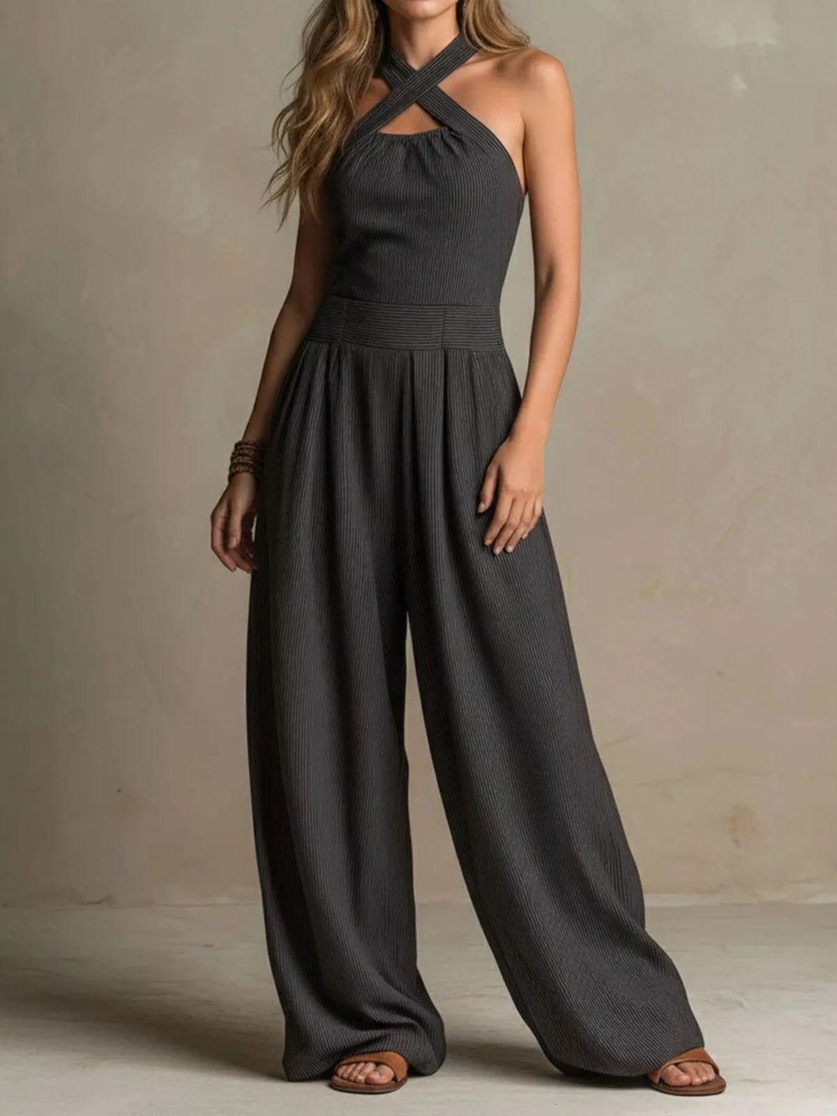 Dark Gray Halter Neck Wide-Leg Jumpsuit front view