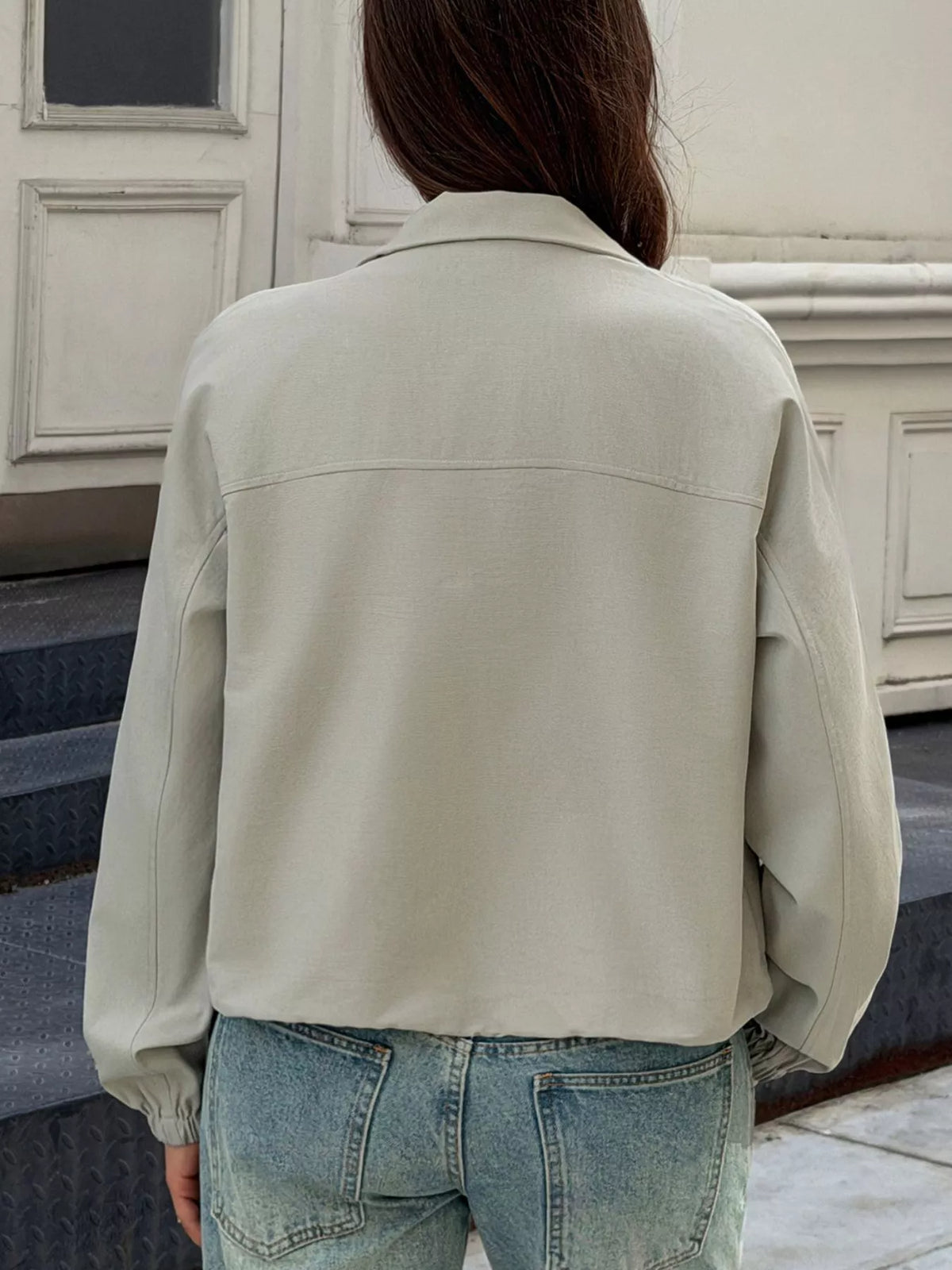 Stand Collar Zip Up Jacket in gray, back view