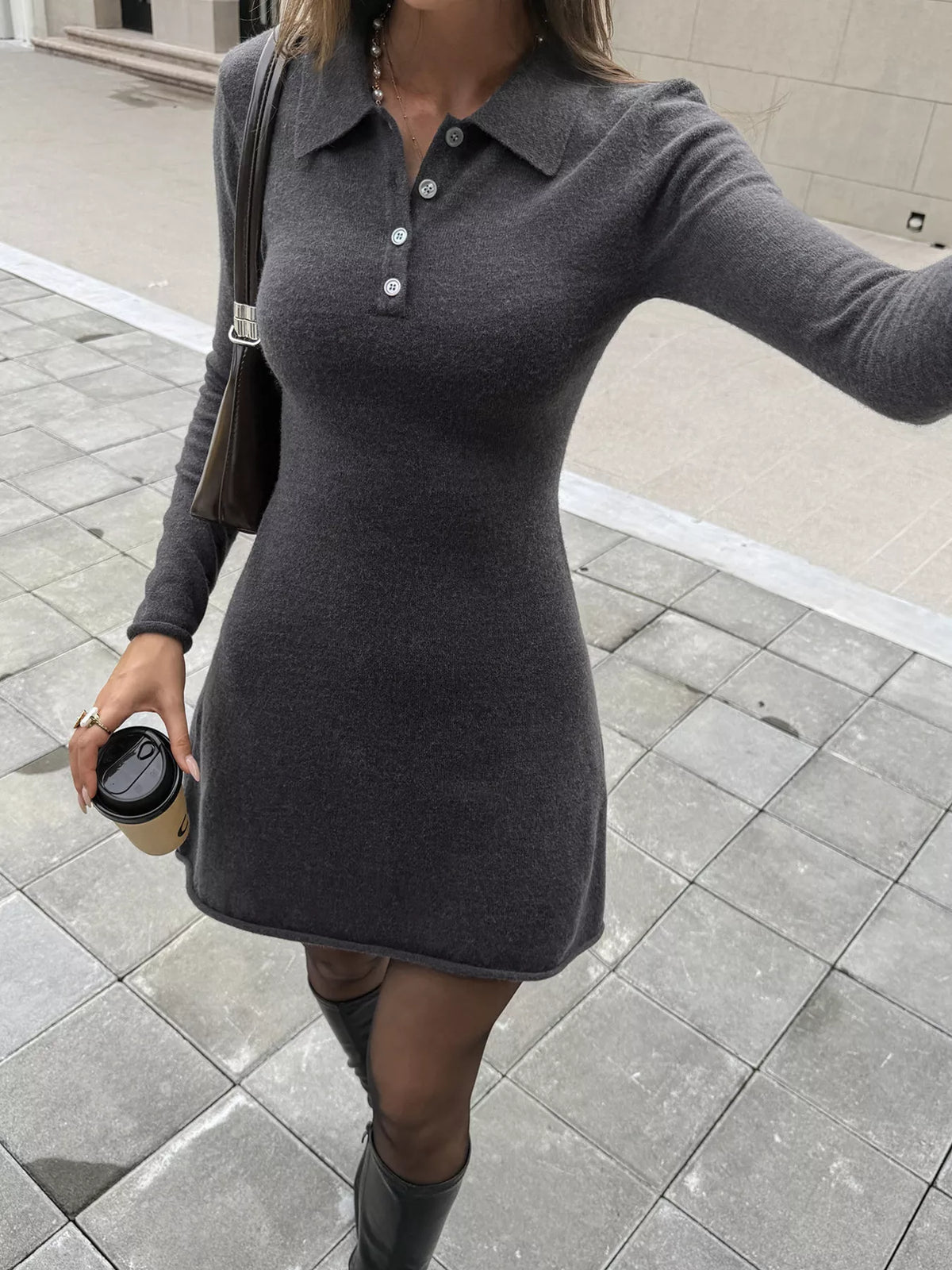 Slim-fit Polo Collar Long Sleeve Sweater Dress, bodice detail
