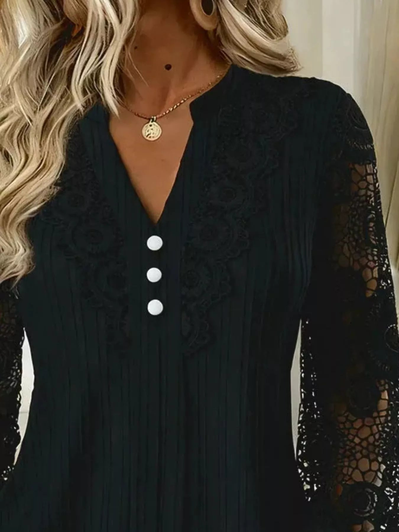 Trendsi Lace Long Sleeve Notched Blouse -