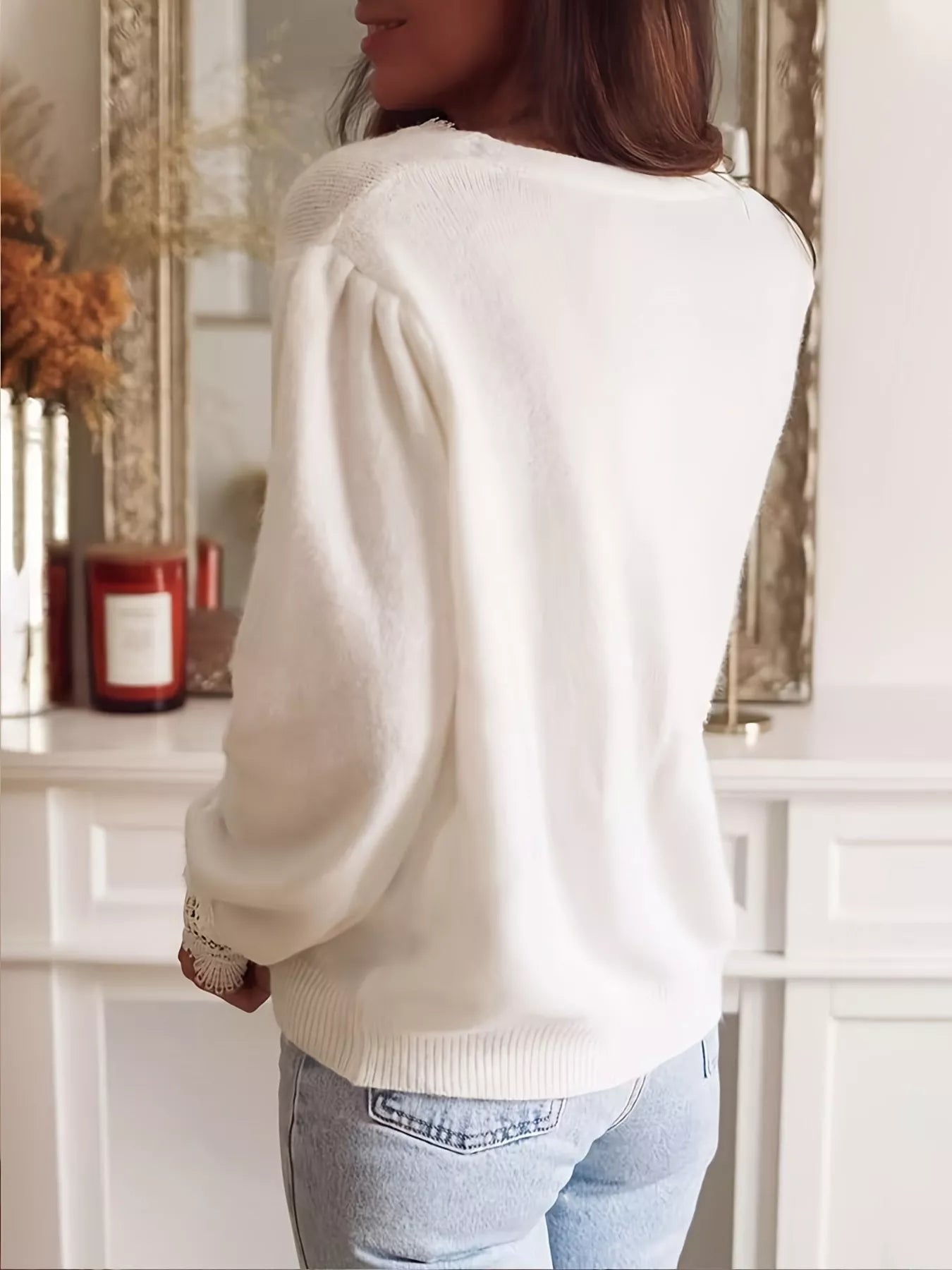 Trendsi Lace-Trimmed V-Neck Button-Down Cardigan -