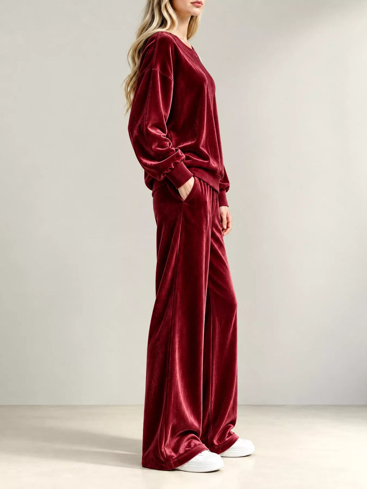 Velour Long Sleeve Top and Wide-Leg Pants Set — side view