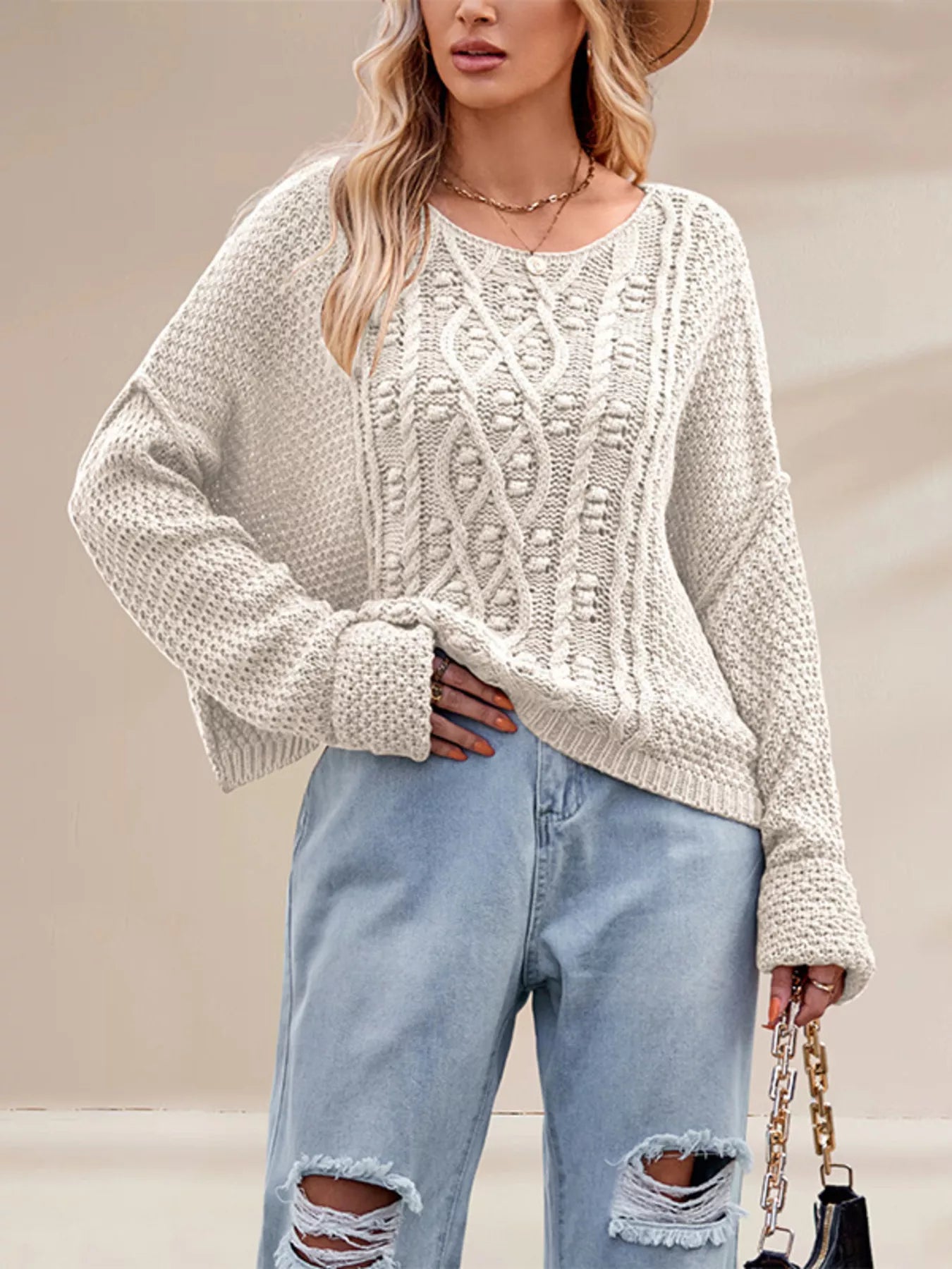 Trendsi Cable Knit Dropped Shoulder Sweater -