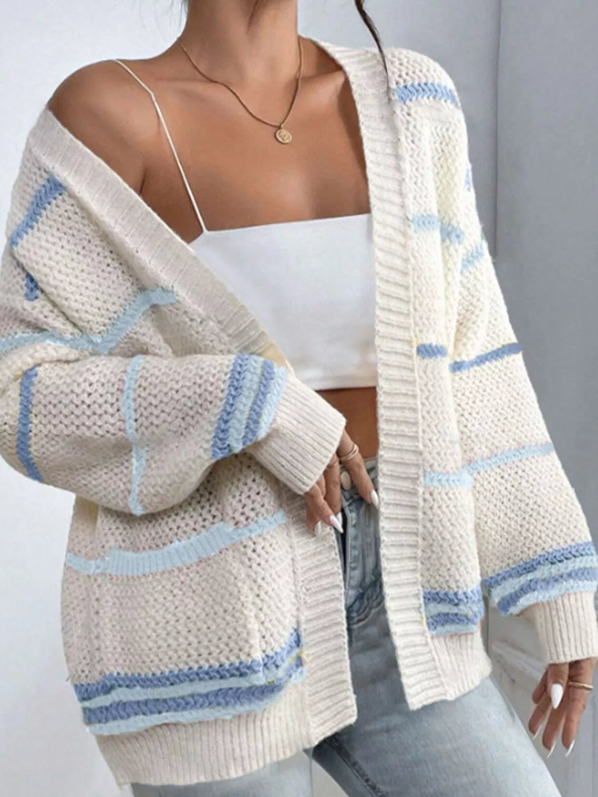 Cream with blue stripes striped open front knit cardigan