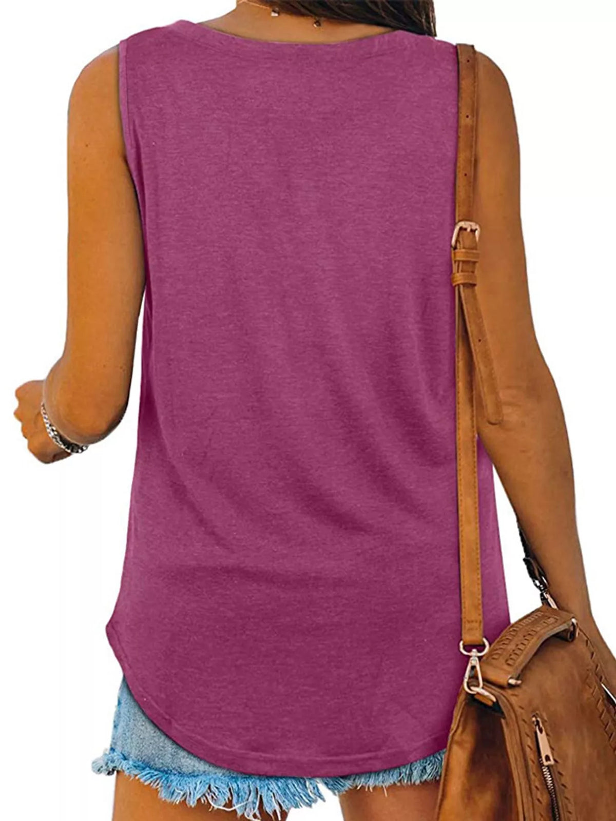 Purple v-neck loose fit tank top, back view