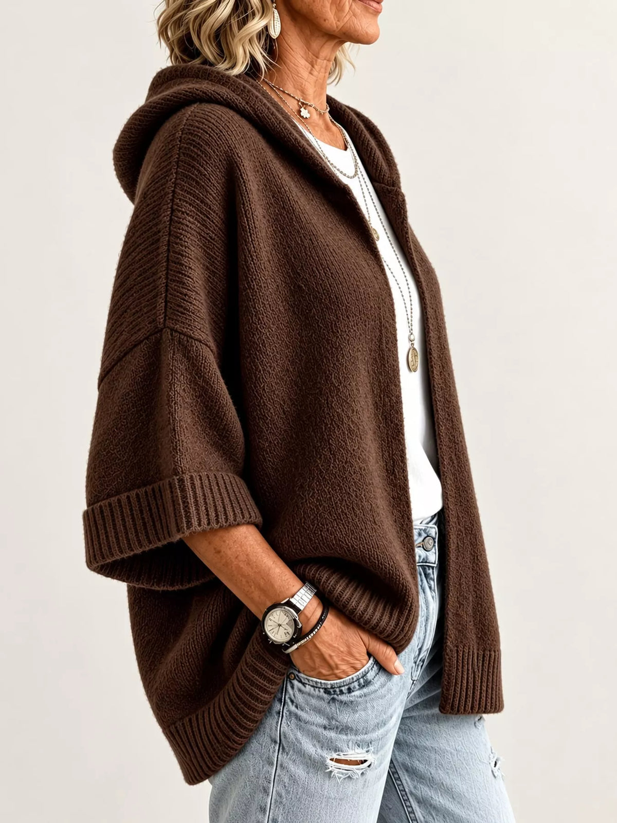 Hooded knit cardigan, brown side