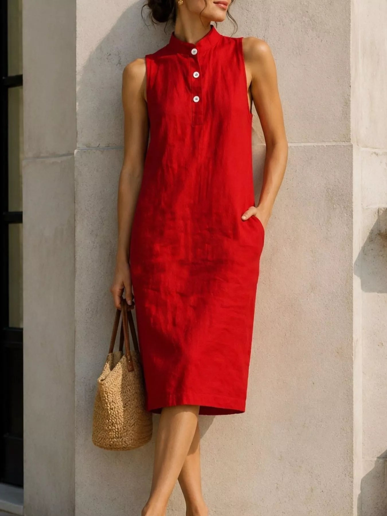 Trendsi Button Detail Sleeveless Midi Dress -