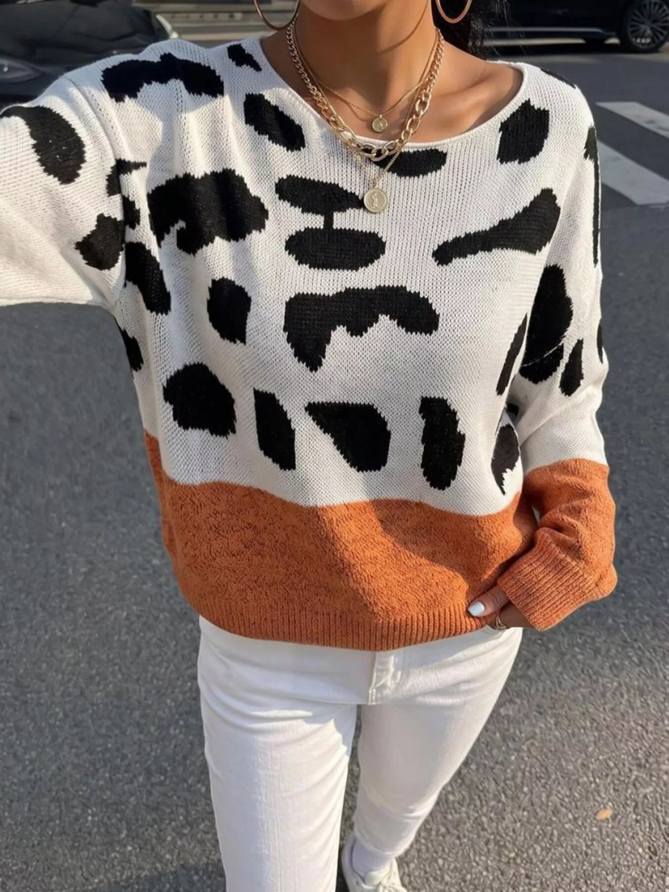 Trendsi Full Size Leopard One Shoulder Sweater Plus Size -